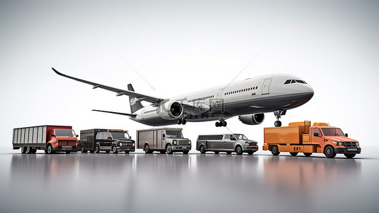 中性背景展示飞机卡车货运列车和货物集装箱的 3D 渲染