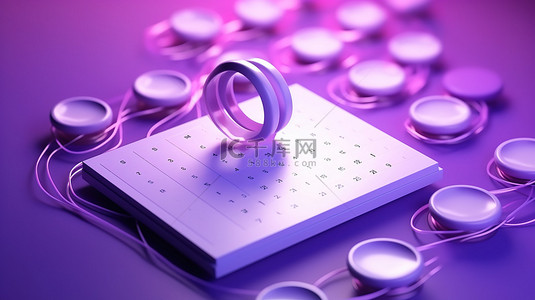 每周背景图片_3D 渲染紫色浮动日历组织者，带有环形活页夹和检查点，用于标记的日子
