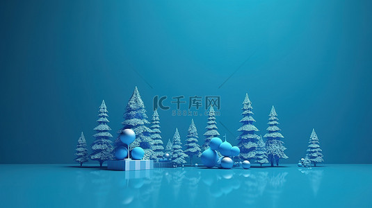 蓝色背景与 3d 呈现圣诞快乐冬天或新年快乐问候