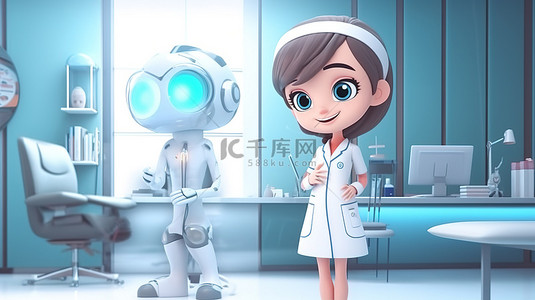 卡通医院医疗背景图片_女医生指着医院医疗室内 3D 渲染中的复制空间
