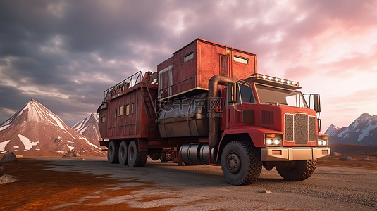 坚固的红色卡车准备在偏远地区进行冒险探险 3D 渲染