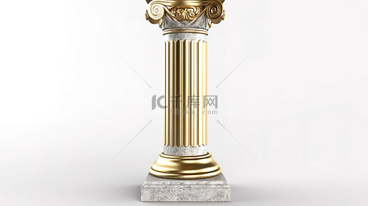 白色背景上金色和银色经典希腊柱基座的 3D 渲染
