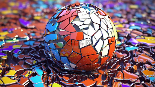 破碎球体表面上充满活力的抽象马赛克碎片的破碎球体 3D 渲染