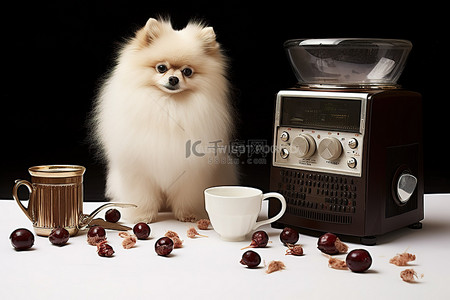 一只小博美犬站在咖啡豆和收音机旁边