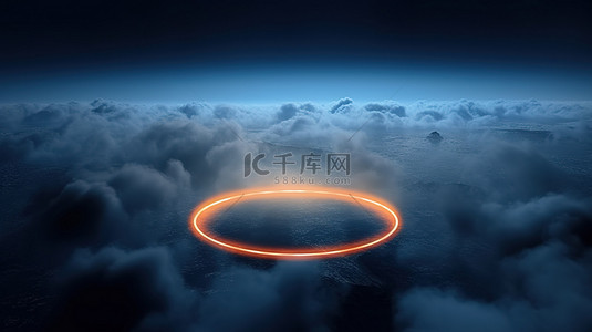 蓝色雾背景图片_辐射圆圈边框与不祥的橙色云景 3d 渲染具有蓝色雾表面