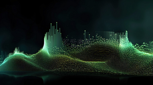 充满活力的绿色背景与 3D 渲染动态波点和线条未来数字设计