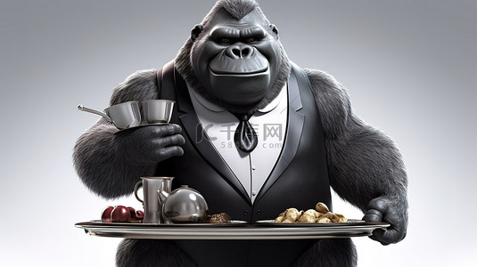 大猩猩背景图片_搞笑的 3D 大猩猩在托盘上平衡葡萄酒