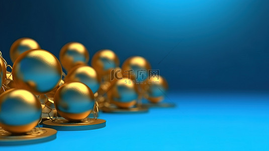 金奖获得者在蓝色 3D 渲染背景上庆祝成功
