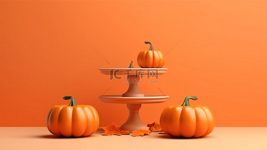 秋季主题 3D 横幅，配有南瓜装饰的讲台或基座，用于产品展示或在充满活力的橙色背景上做广告