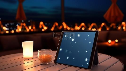 在模糊的午夜天空背景下，在装饰有装饰和复制空间的桌子上对带有触摸屏的平板电脑进行 3D 渲染