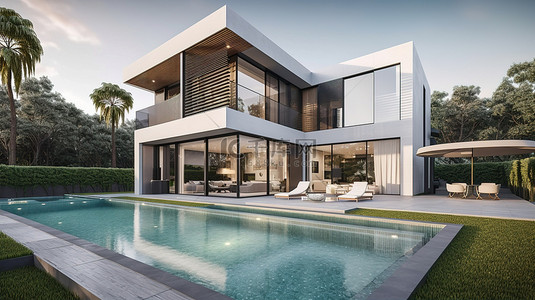 插画现代建筑背景图片_豪华现代住宅，带游泳池和 3D 景观庭院