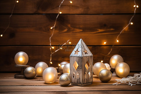 年末团建背景图片_带有灯泡和银球的木质背景