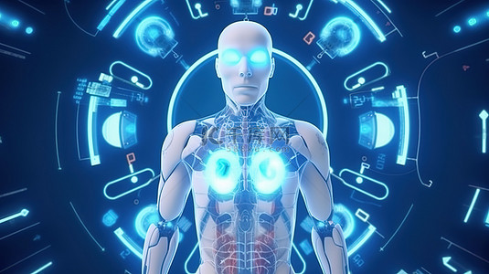 机器人界面背景图片_先进的医疗技术人工智能机器人在 3D 渲染中利用医疗 HUD 接口