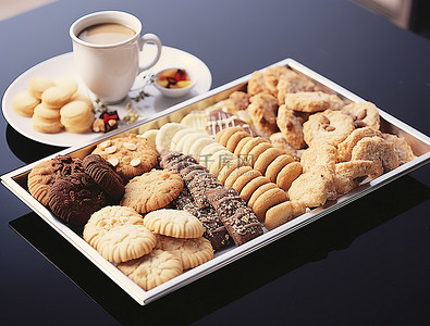 甜点背景图片_白色托盘中的多种饼干，旁边放着一杯咖啡