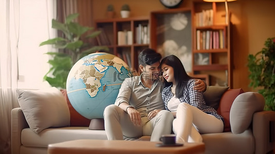 计划背景图片_年轻的印度夫妇使用 3D 地球模型在舒适的沙发上计划即将到来的假期