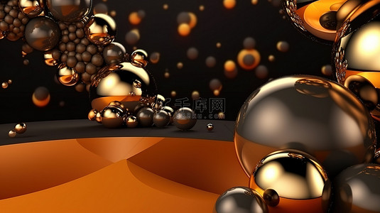 抽象背景中的 3d 金色球体，具有逼真的形状和文本空间边框