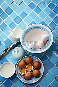 桌子面粉背景图片_桌子上蓝色瓷砖上的饼干和鸡蛋