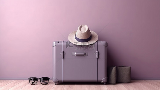 深紫丁香墙上清洁旅行概念手提箱帽子和太阳镜的 3D 渲染