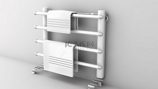 白色背景的 3D 渲染，带有浴室毛巾加热器加热轨和覆盖在其上的毛巾