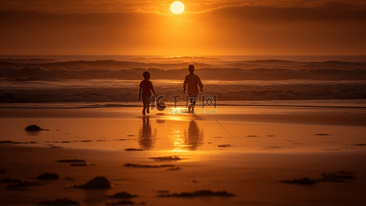 海边沙滩落日孩子玩足球广告背景
