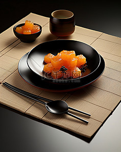 筷子传统背景图片_一个小盘子，里面有黑色的勺子