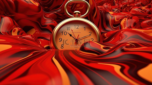 红色时钟周围液体抽象形状的 3D 插图