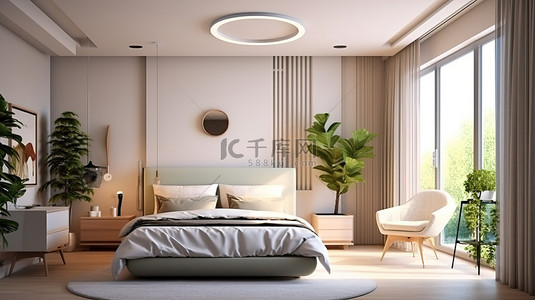中央空调清洗背景图片_计算机生成的当代卧室设计的 3D 渲染，具有充足的照明和空调