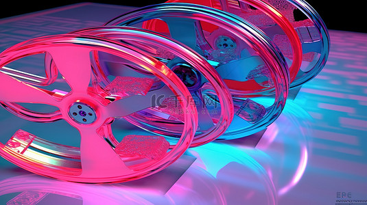 粉色和蓝色的电影卷轴和 3D 眼镜向娱乐业致敬
