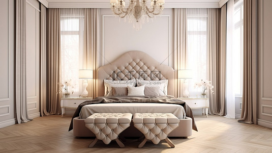 优雅的米色卧室配有灰色簇绒床华丽的灯具和 3D 渲染的别致坐垫凳