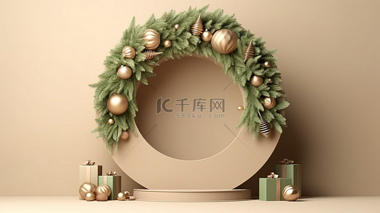 金棕色背景图片_节日装饰圣诞树和树枝花环，配有棕色和米色口音 3D 渲染