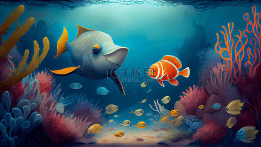 珊瑚卡通背景图片_海底世界可爱鱼背景