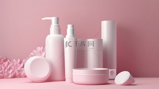 化妆品品牌背景图片_化妆品品牌模型逼真的空白白色护肤品包装，在粉红色背景上进行 3D 渲染，带阴影