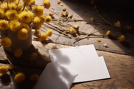 黄色的花朵和木桌下的白色信封