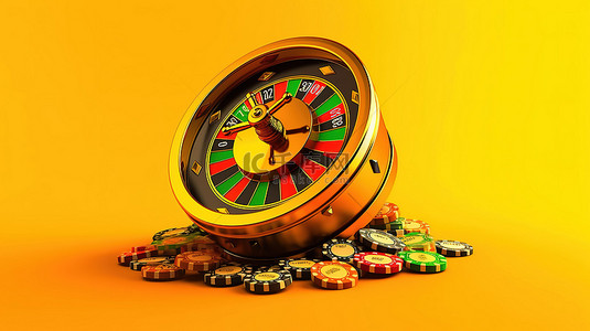 黄色老虎背景图片_真实的 3D 轮盘赌轮和老虎机在充满活力的黄色背景上在在线赌场渲染为 3D