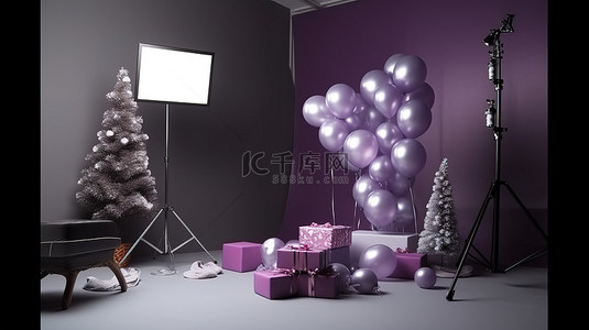 蓝粉气球背景图片_迷人的 3D 工作室摄影，以闪闪发光的银紫色背景上的松树礼物和气球为特色