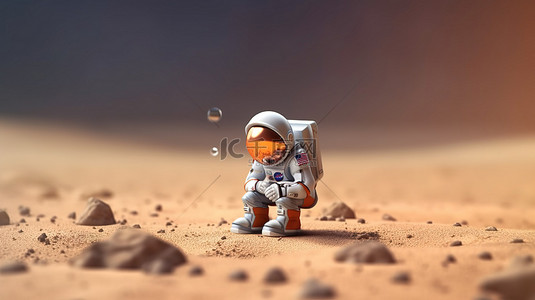 火箭星星背景图片_地面上手持微型火箭的宇航员的 3D 插图