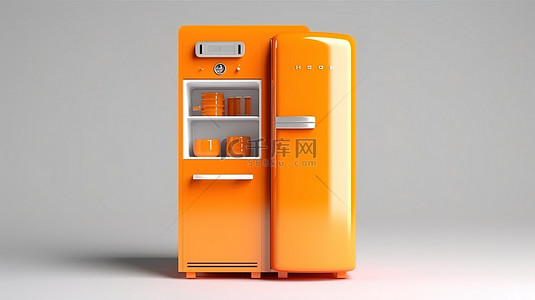 复古橙色冰箱的老式厨房用具侧视图的 3D 渲染