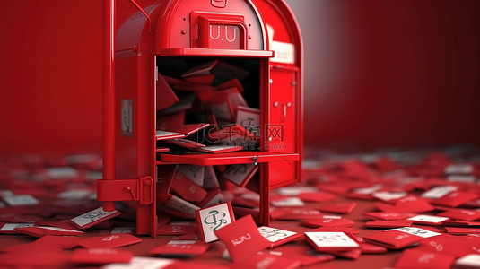 红色邮箱，门敞开，里面有 3D 渲染的信件
