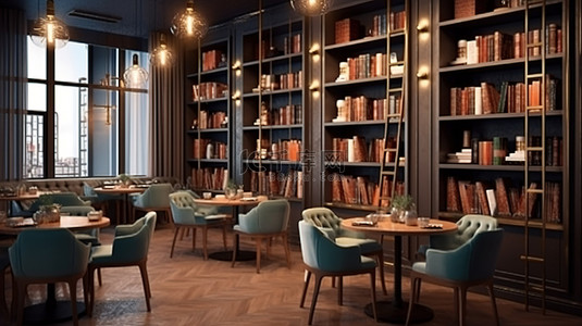 茶几房间背景图片_时尚别致的酒吧餐厅，设有图书馆和装满书籍的壁橱 3D 渲染