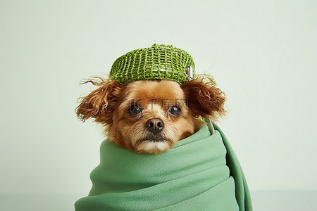 头上戴着羽毛的人背景图片_头上戴着绿色毛巾的棕色小狗
