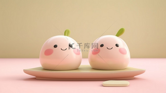 可爱的卡通麻糬是一种流行的日本甜点的令人垂涎的 3D 渲染