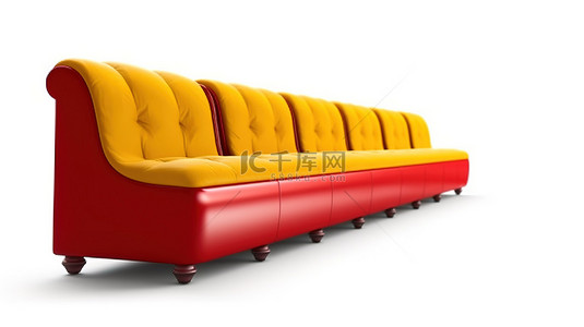 白色背景下令人惊叹的长红色和黄色沙发的 3D 渲染