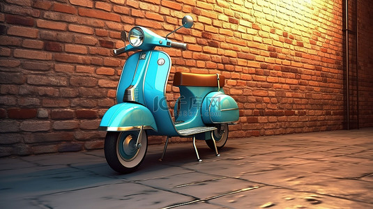 停在砖墙前的电动或经典复古蓝色摩托车 3D 渲染