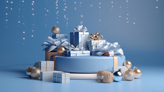 海卡背景图片_欢乐的节日令人惊叹的 3D 蓝色讲台装饰着节日礼品盒和丝带，庆祝圣诞快乐和新年快乐