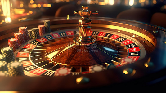 真实赌场轮盘赌桌的 3D 渲染，带有筹码和骰子逼真的赌博概念
