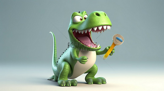 搞笑的 3D 恐龙吉祥物抓着大牙