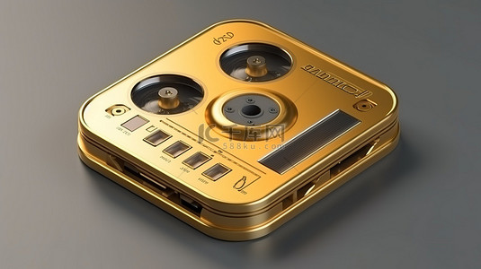 古董盒式磁带播放器图标，带有圆形按键按钮的金色触感 3D 渲染，提供时尚的 ui ux 体验