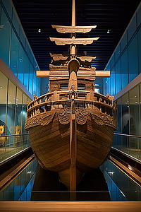 博物馆大厅展出的一艘木船