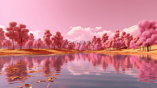 中面背景图片_令人惊叹的 3D 渲染粉色树木和黄色草反射在平静的湖水中完美的夏季背景