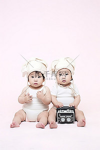 两个婴儿坐在白色背景上